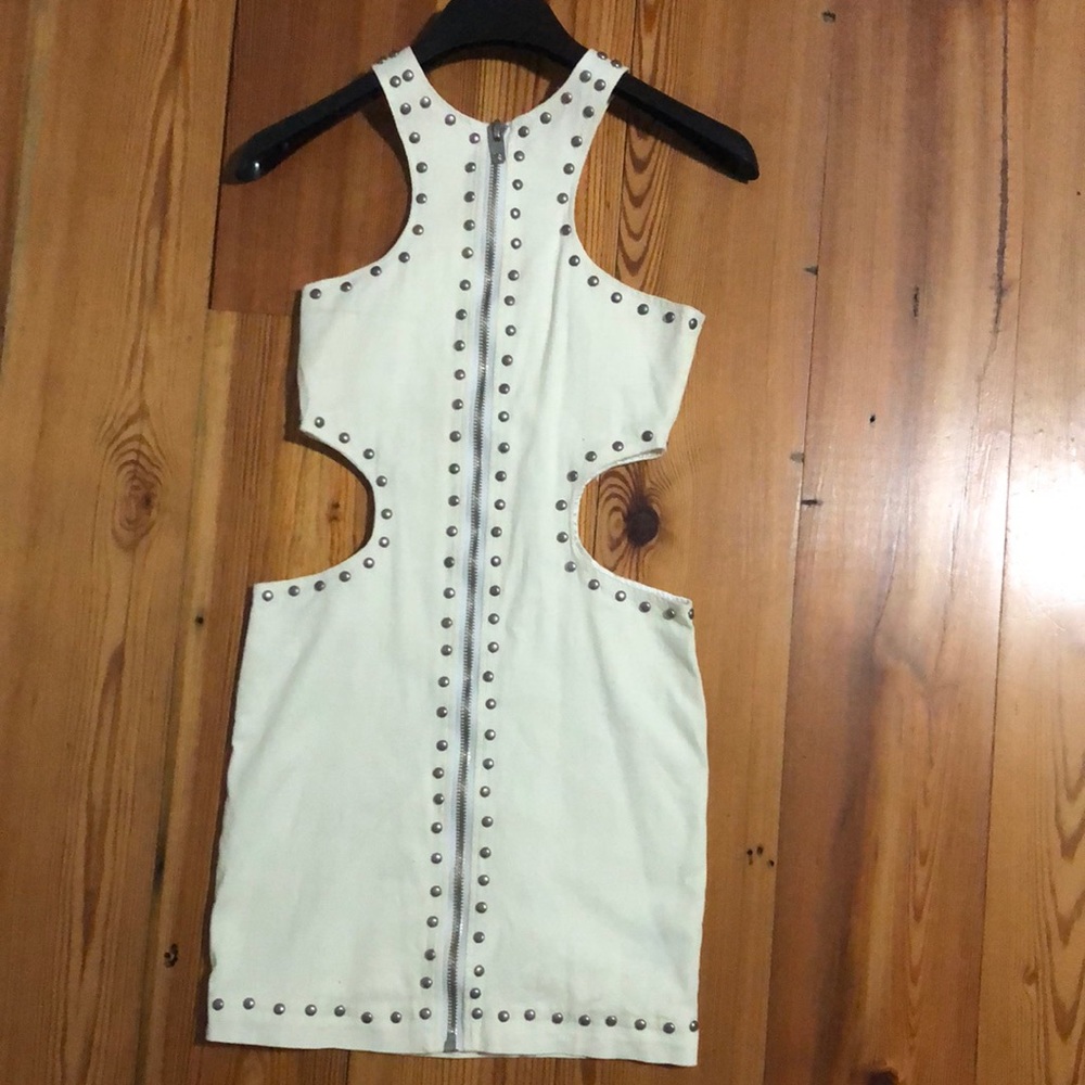 Front zip studded denim dress with cut outs obo
